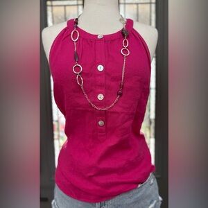 Kensie Pink 100% Linen Sleeveless Pearl Shell 1/2 Button Front Top